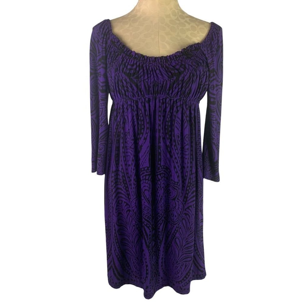 2 Muse Purple Black Paisely Off the Shoulder Dress Banded Waist